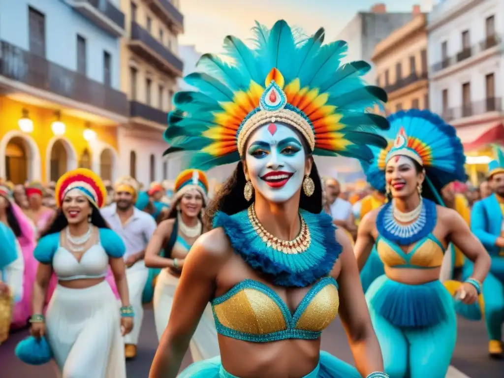 Una colorida murga en el carnaval de Montevideo, Uruguay