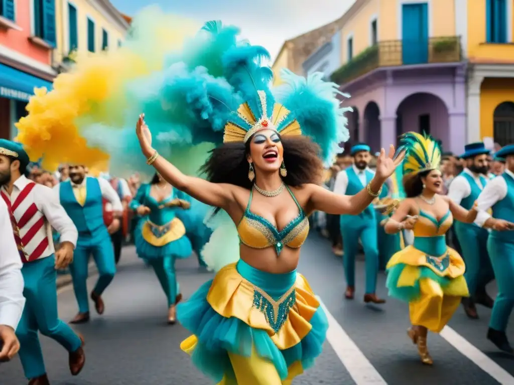 Colorida ilustración acuarela de murgas uruguayas en carnaval con influencia Alfredo Zitarrosa