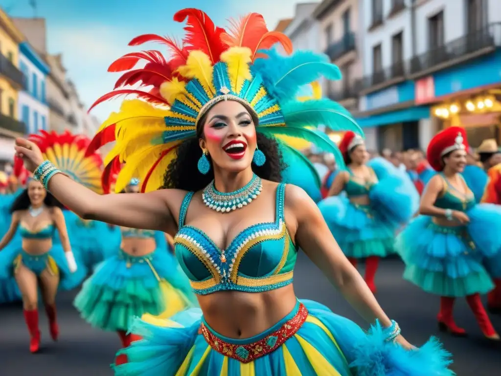 Una colorida narrativa del vibrante carnaval uruguayo, con bailarines, música y espectadores en un desfile festivo