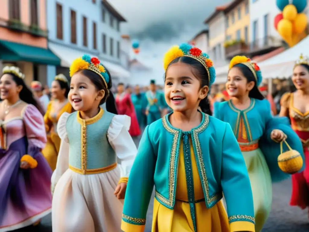 Colorida ilustración acuarela de niños desfilando en el Carnaval Uruguayo, reflejando la participación de los niños en la festividad