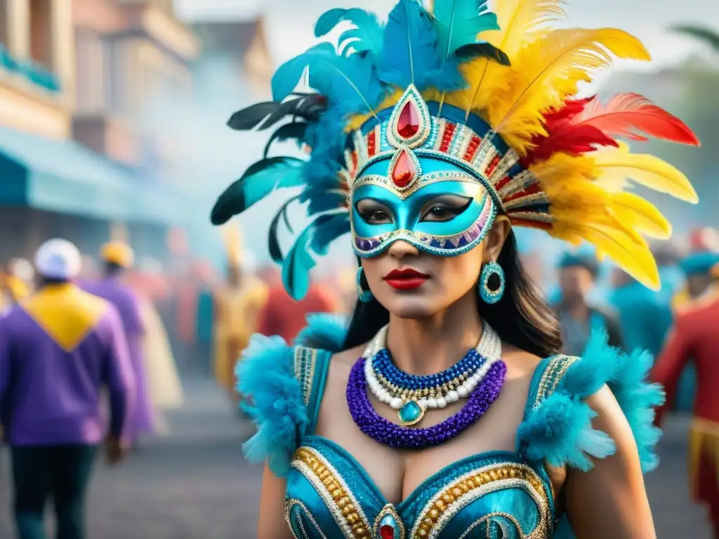 Una colorida paleta de colores del Carnaval Uruguayo, con vibrantes trajes y máscaras en un desfile festivo