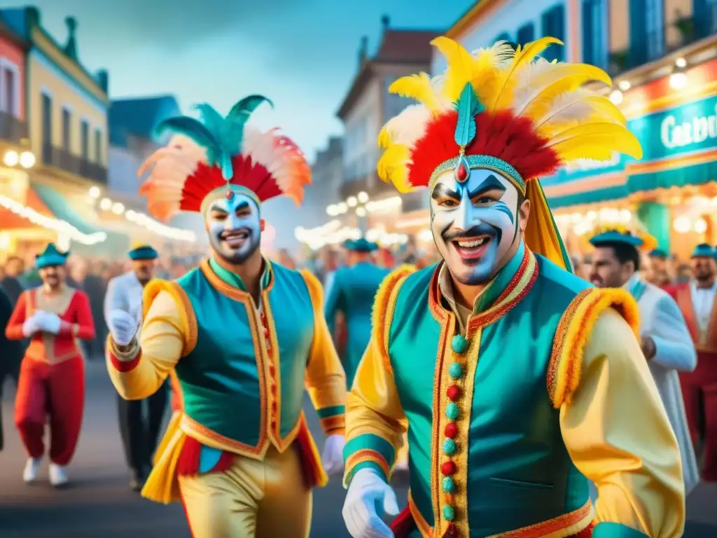 Una colorida ilustración acuarela de parodistas uruguayos en el Carnaval, con trajes detallados y ambiente festivo