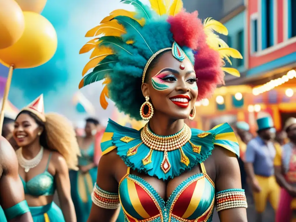 Colorida ilustración acuarela de personas diversas en trajes de Carnaval, representando la evolución y diversidad cultural