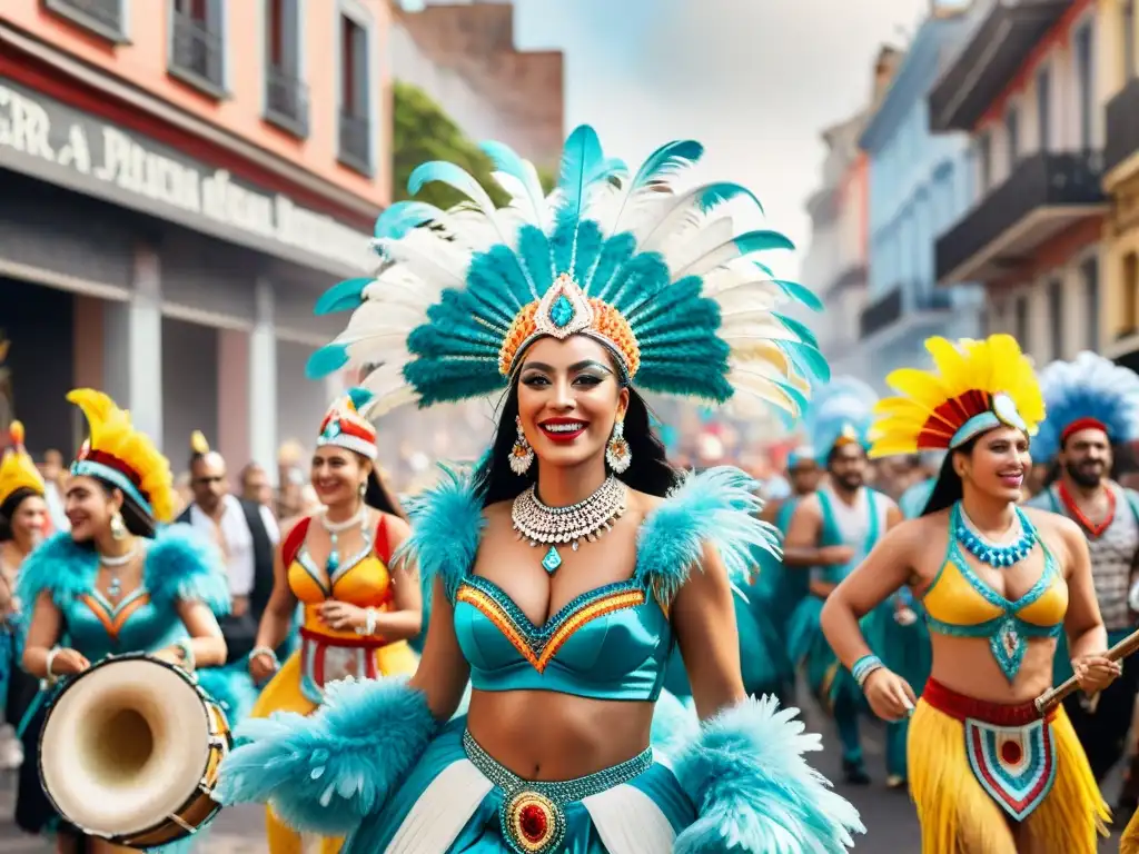 Una colorida pintura acuarela del animado desfile de Carnaval en Uruguay