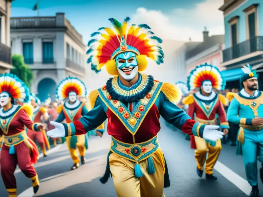 Una colorida pintura acuarela que muestra un animado desfile de Carnaval en Uruguay, con detallados trajes, carros alegóricos y bailarines enérgicos