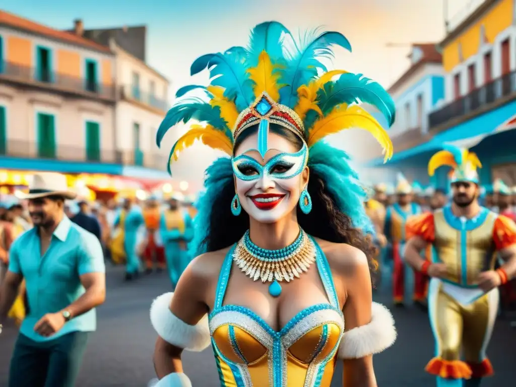 Una colorida pintura acuarela muestra un animado carnaval en Uruguay, con carros alegóricos, bailarines y espectadores