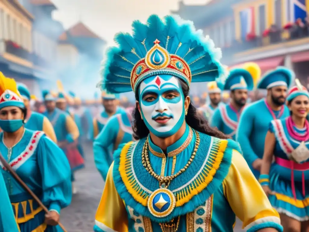 Una colorida pintura acuarela de artistas afrouruguayos en Carnaval, danzando en trajes tradicionales vibrantes ante una multitud festiva