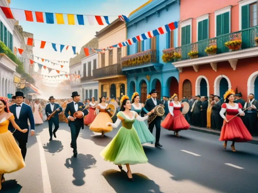 Colorida pintura acuarela de la bulliciosa calle durante el histórico Carnaval en Uruguay