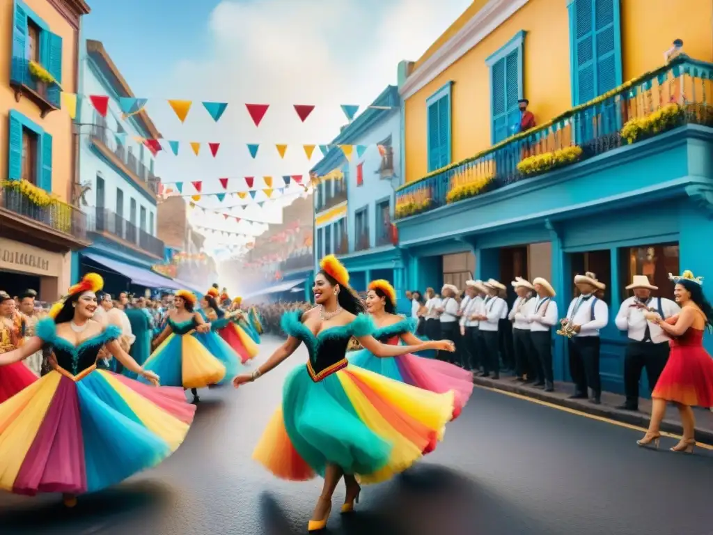 Una colorida pintura acuarela del bullicioso Carnaval Uruguayo