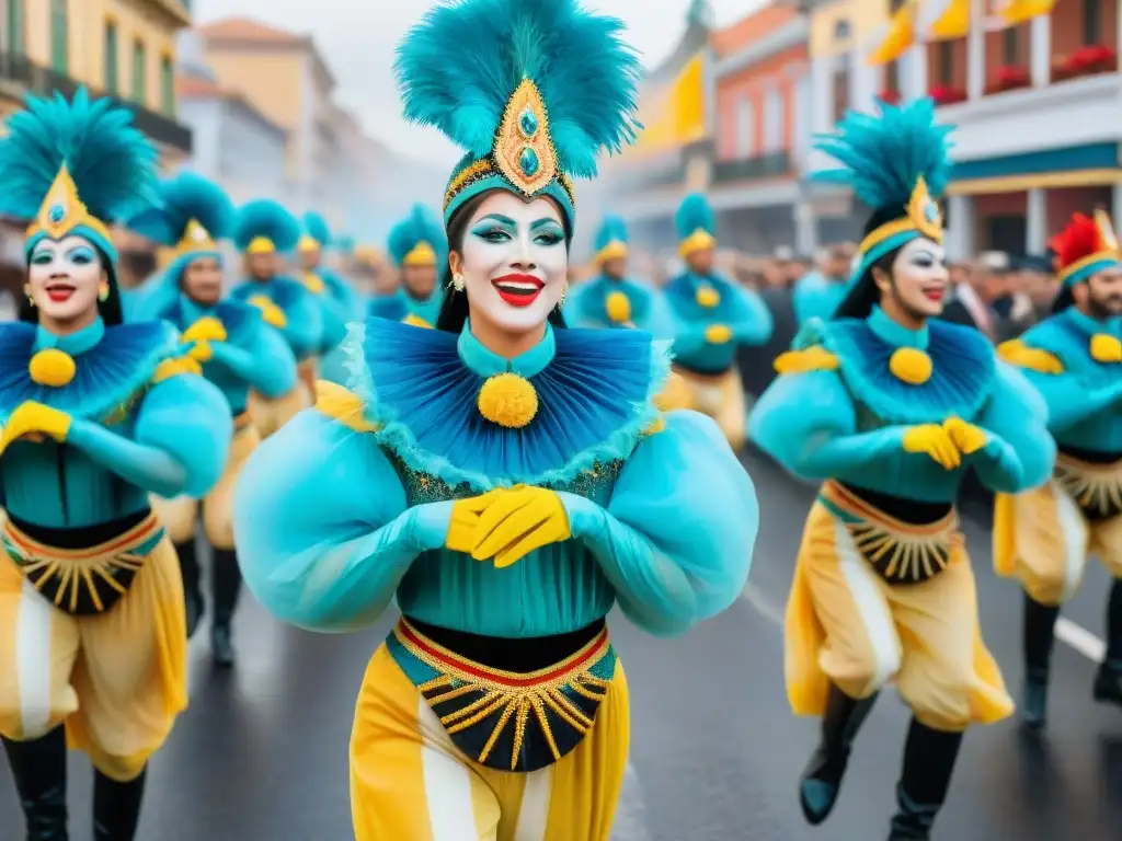 Colorida pintura acuarela del Carnaval Uruguayo con carros alegóricos y artistas bailando al ritmo de la música tradicional