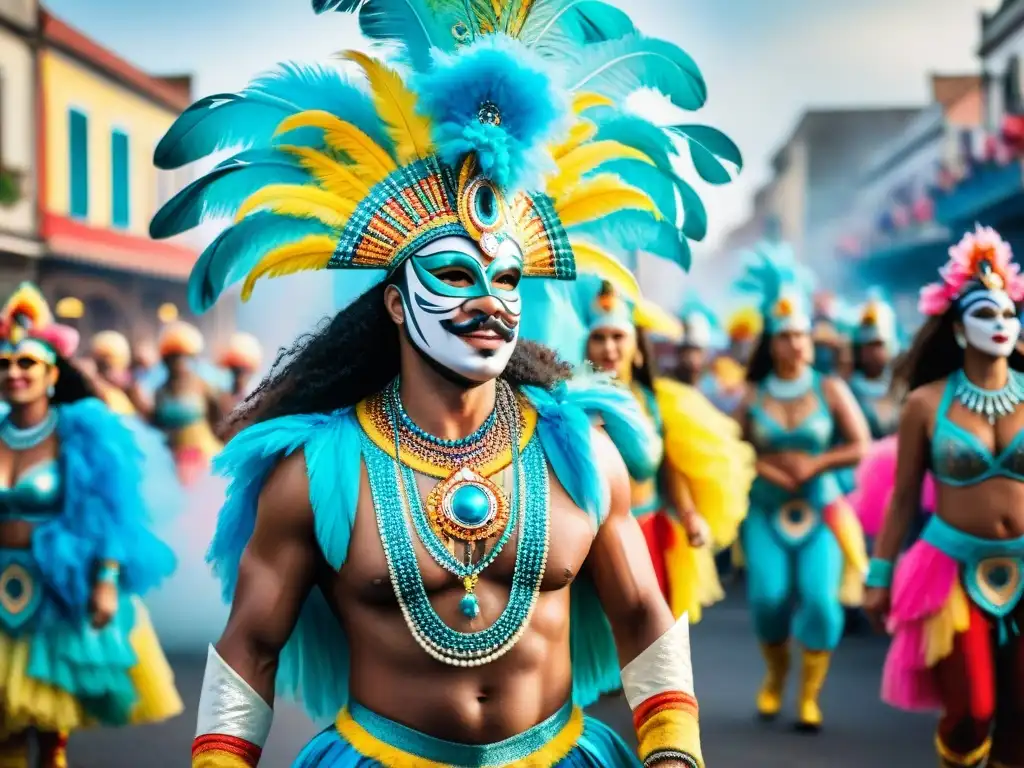 Una colorida pintura acuarela del Carnaval en Uruguay, resaltando la visibilidad de minorías en Carnaval con trajes y máscaras vibrantes