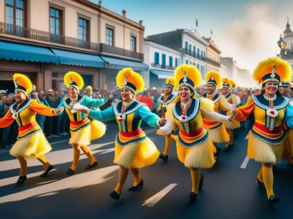 Colorida pintura acuarela del Carnaval Uruguayo con desfile, carros alegóricos y danzas