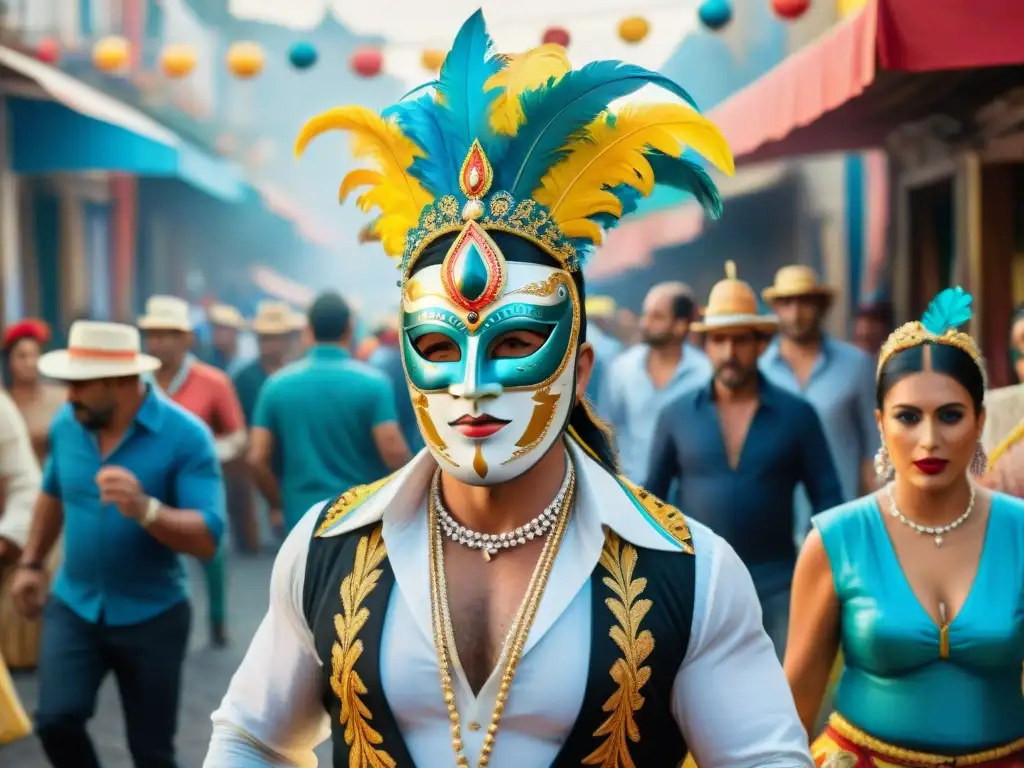 Una colorida pintura acuarela del Carnaval Uruguayo con máscaras y artesanías, capturando la energía festiva