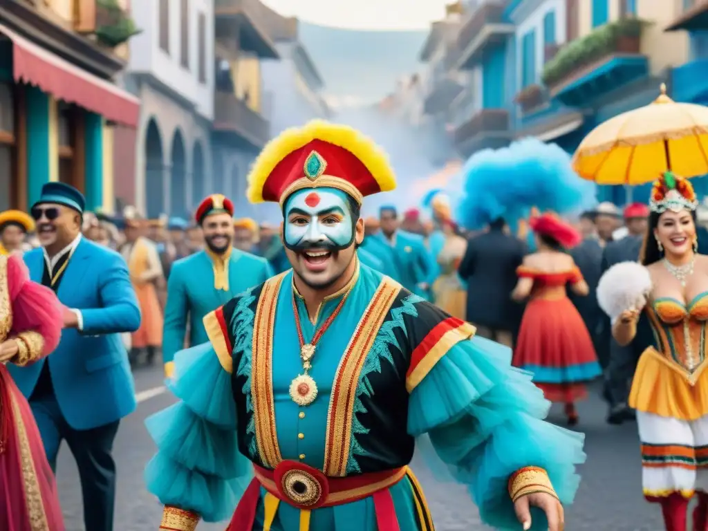 Colorida pintura acuarela del Carnaval Uruguayo con desfiles y danzas, transmitiendo energía y emoción en marcas de tendencias consumo