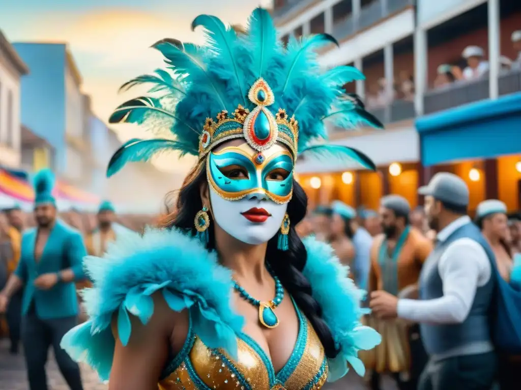 Una colorida pintura acuarela del Carnaval Uruguayo con bailarines y espectadores, capturando la energía del festival