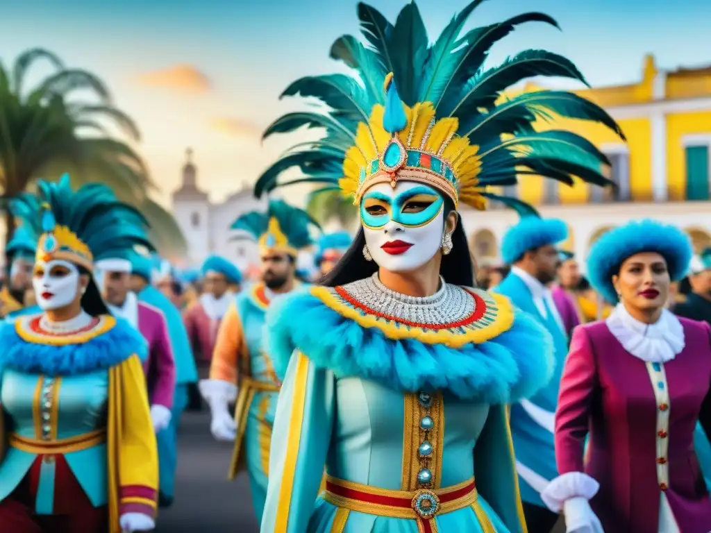 Colorida pintura acuarela del Carnaval Uruguayo con detalles de disfraces y bailes en vibrantes colores frente a edificios coloniales y palmeras