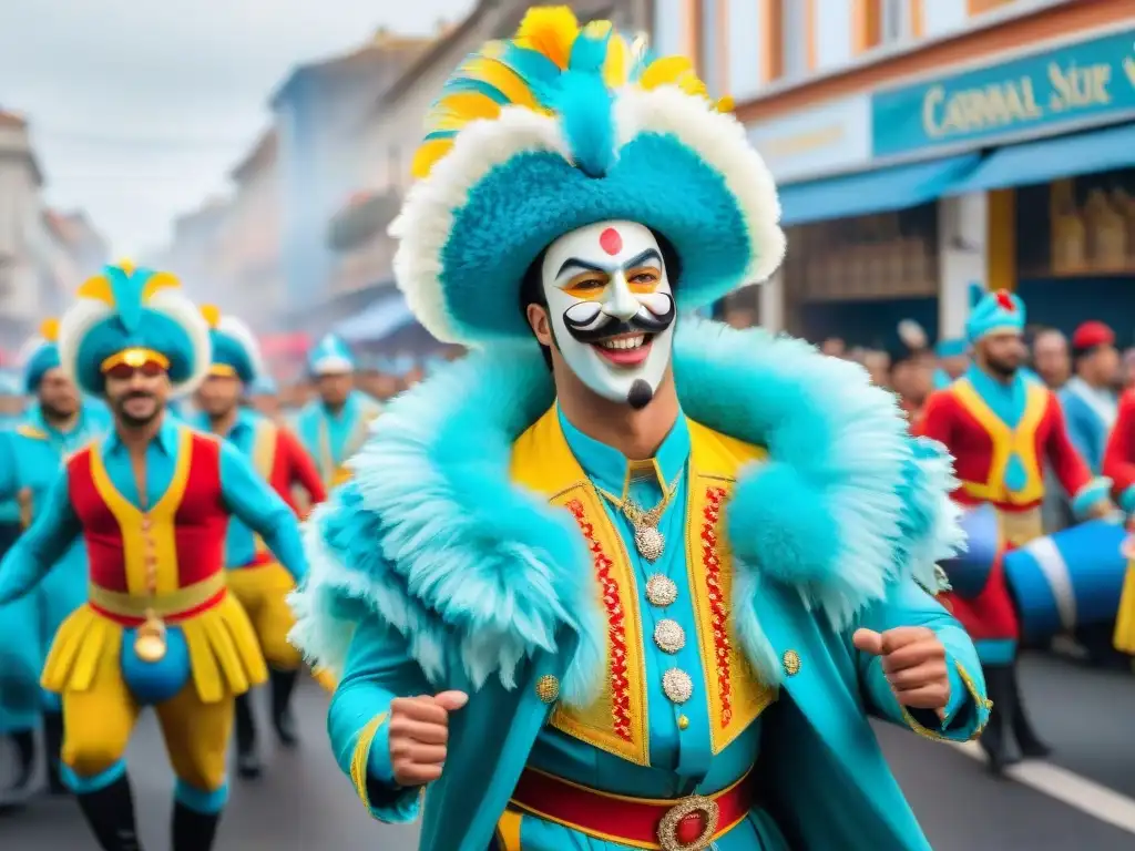 Una colorida pintura acuarela del Carnaval en Uruguay, con desfiles, músicos y espectadores animados