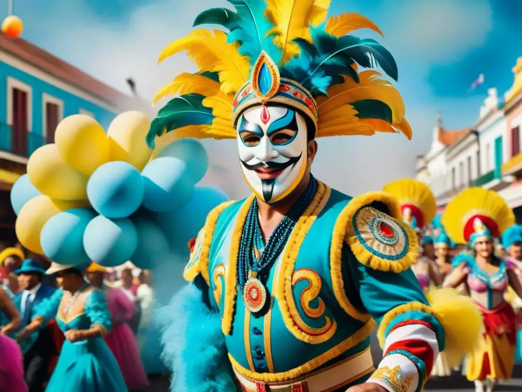 Una colorida pintura acuarela del Carnaval Uruguayo, con bailarines, carrozas y multitud jubilosa