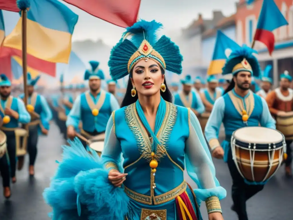 Colorida pintura acuarela del Carnaval Uruguayo, con bailarines y espectadores vibrantes