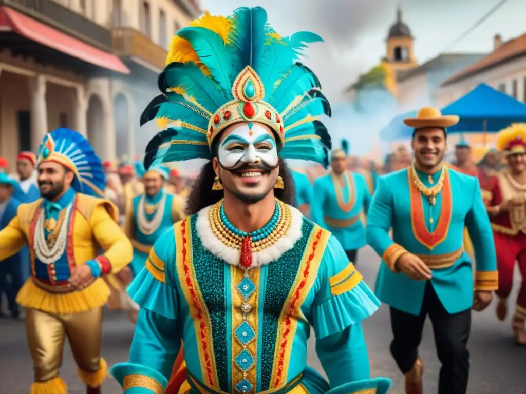 Una colorida pintura acuarela del Carnaval Uruguayo, con trajes elaborados y expresiones alegres