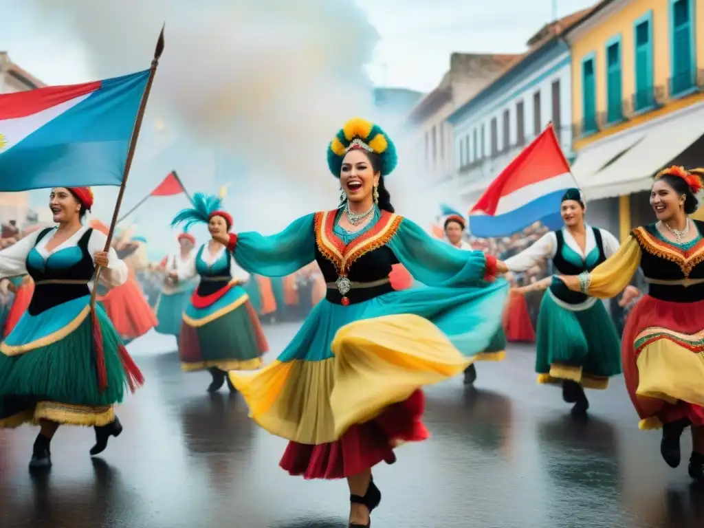 Una colorida pintura acuarela del Carnaval en Uruguay con bailarines tradicionales moviéndose al ritmo de la música uruguaya