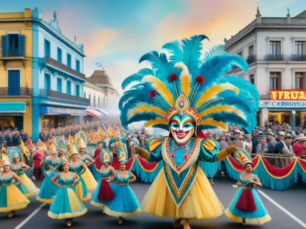 Una colorida pintura acuarela detalla la evolución del Carnaval Uruguayo en imágenes, con desfiles animados y trajes vibrantes