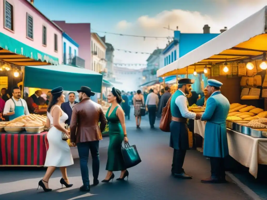 Colorida pintura acuarela de carnaval en Uruguay, con empanadas criollas y ambiente festivo