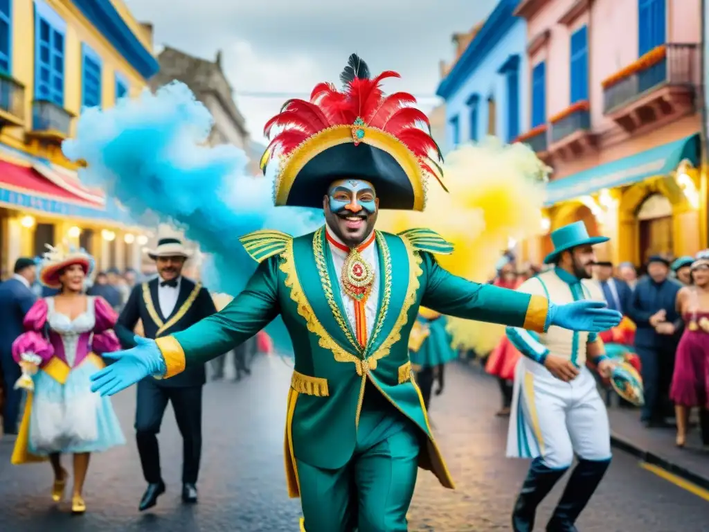 Una colorida pintura acuarela de Carnaval en Uruguay con receta tradicional pastel de carne