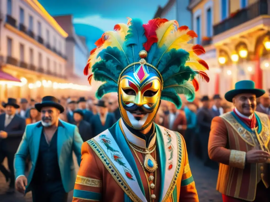 Una colorida pintura acuarela del Carnaval Uruguayo, resaltando la energía y alegría de la festividad