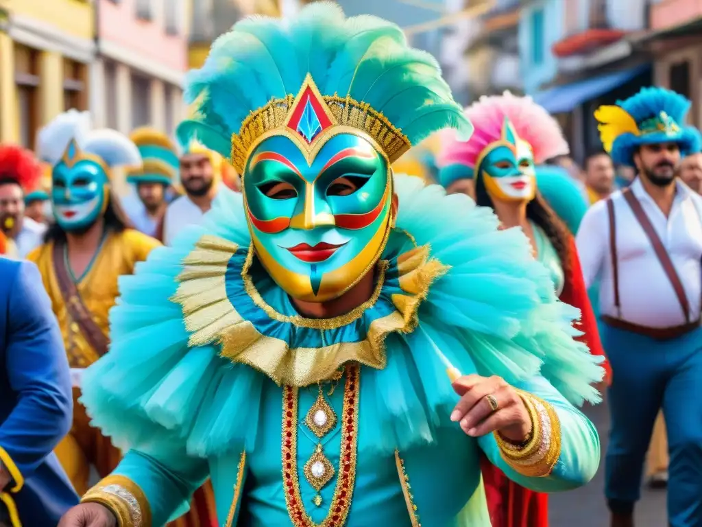 Colorida pintura acuarela del Carnaval en Uruguay con máscaras, trajes y bailes