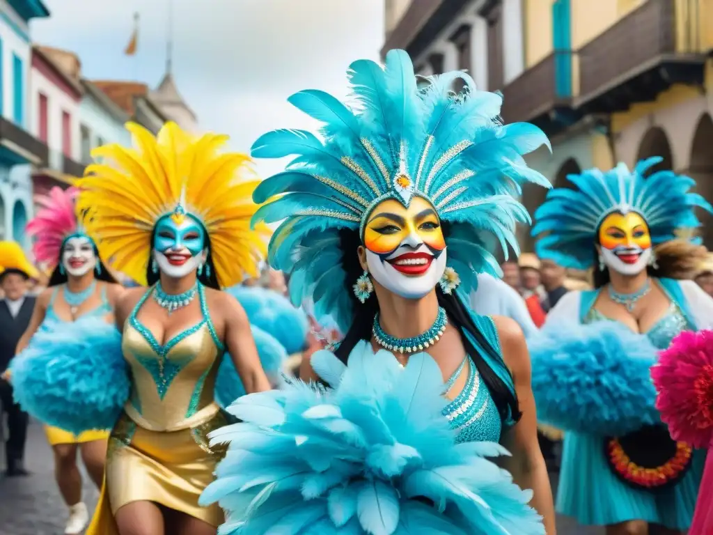 Una colorida pintura acuarela del Carnaval Uruguayo