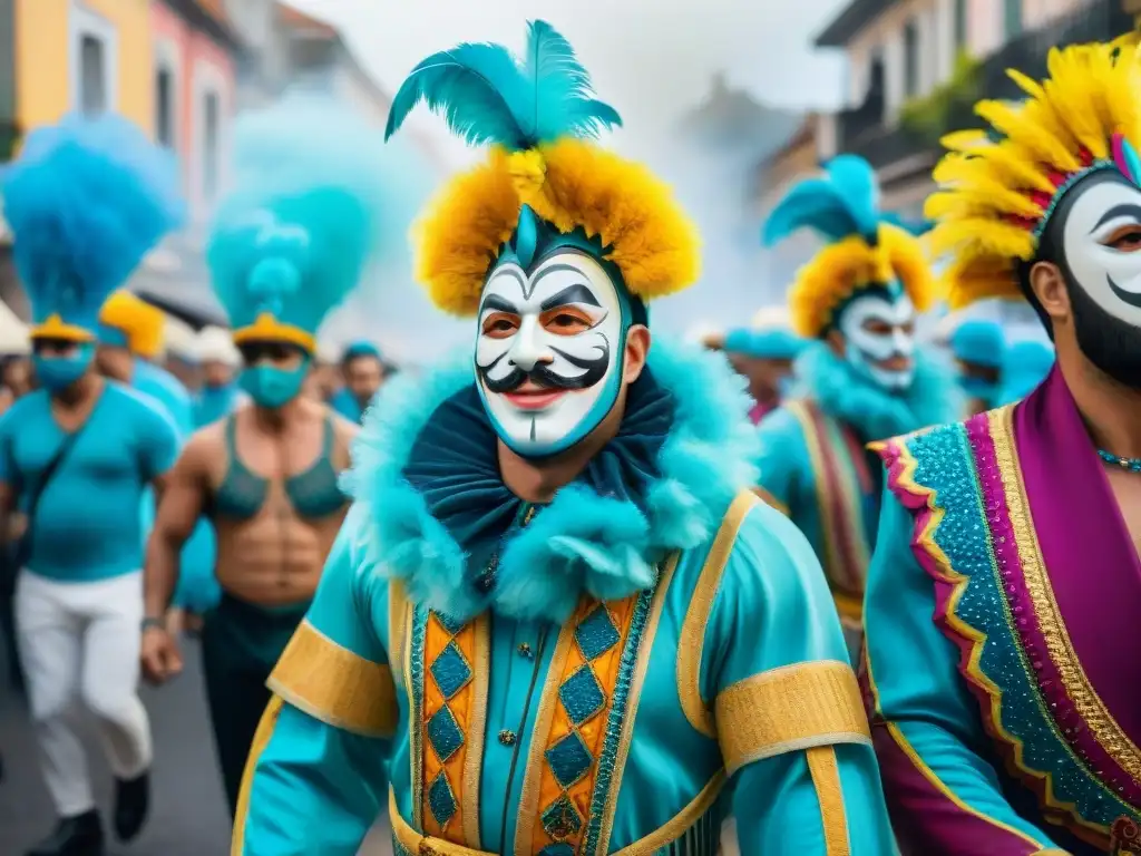 Una colorida pintura acuarela de las Comparsas de Carnaval Uruguayo, con trajes detallados, carrozas y bailarines energéticos