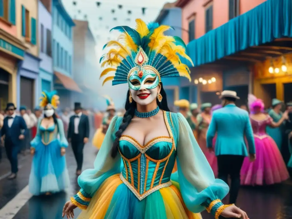 Una colorida pintura acuarela que muestra la creatividad del Carnaval Uruguayo con bailarines y confeti