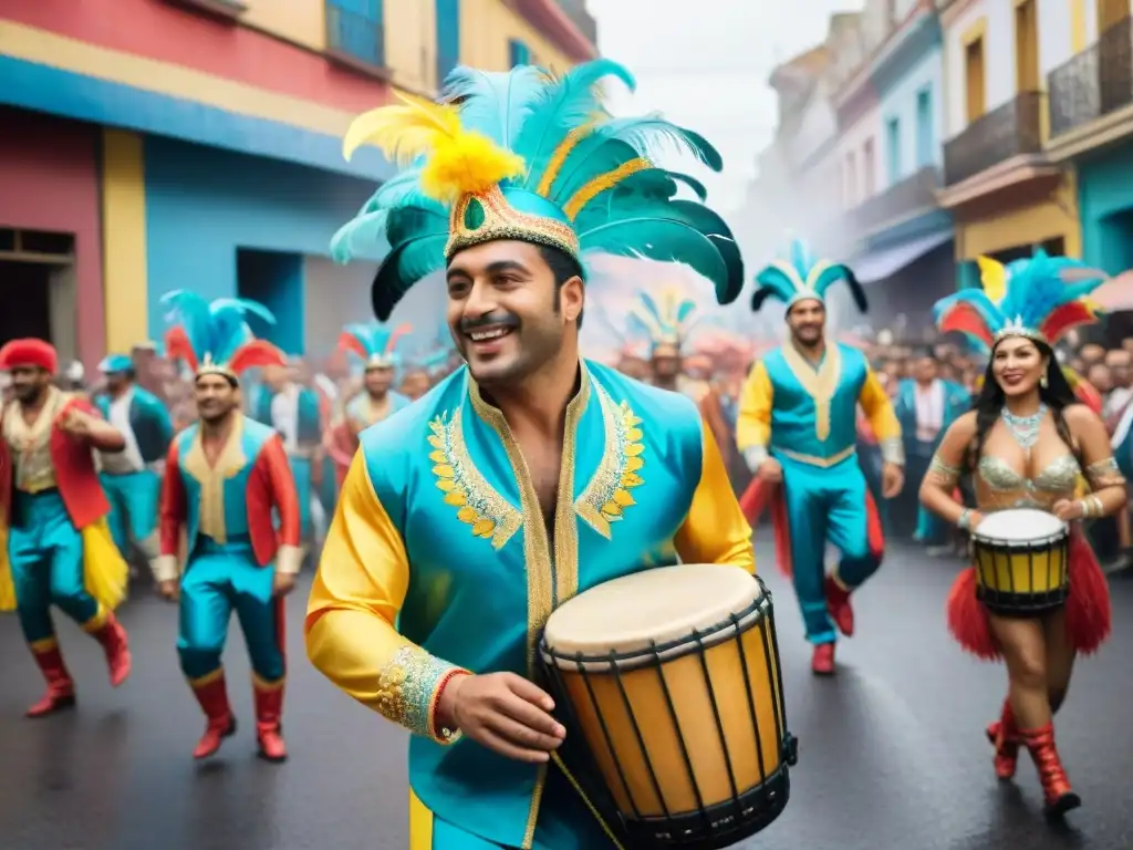 Una colorida pintura acuarela de un desfile de carnaval en Uruguay con instrumentos típicos Carnaval Uruguayo