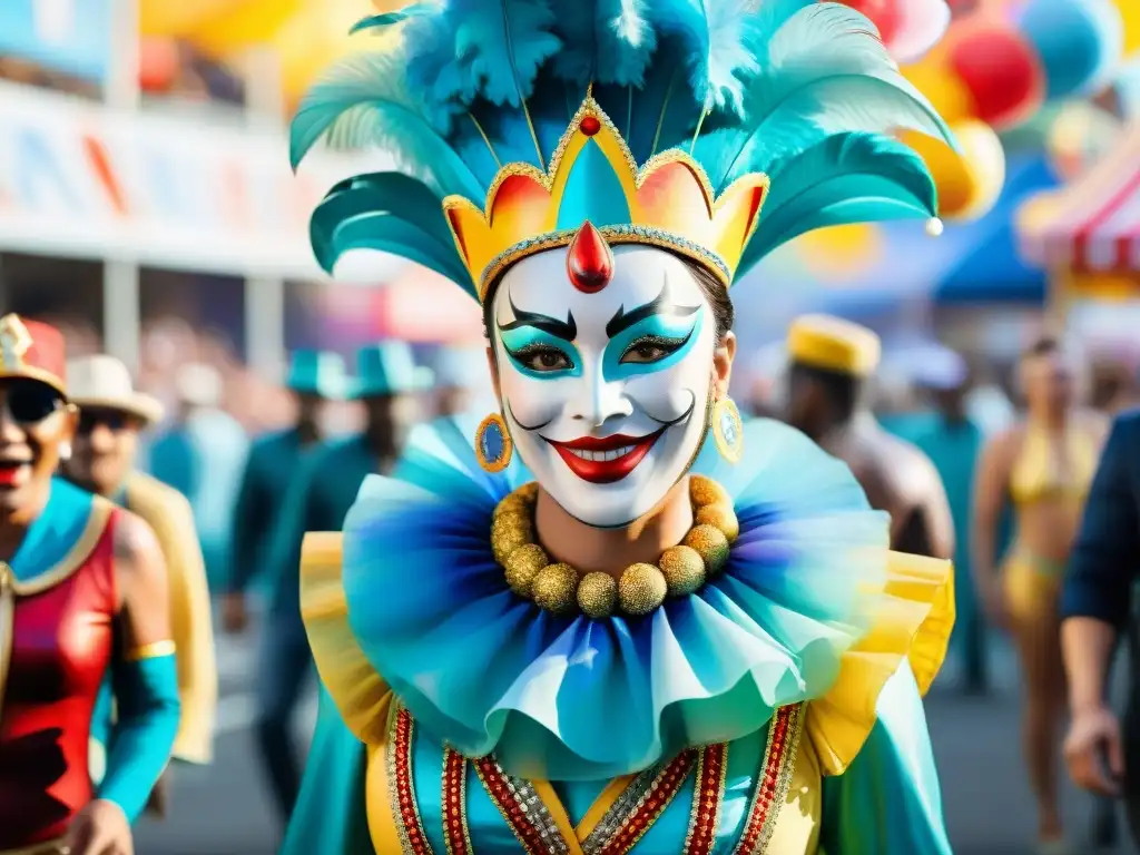 Una colorida pintura acuarela que retrata un desfile de carnaval con carrozas, artistas y una multitud alegre