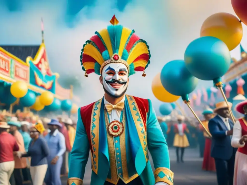 Una colorida pintura acuarela de un desfile de carnaval con carros alegóricos, artistas en trajes elaborados y una multitud bailando y animando