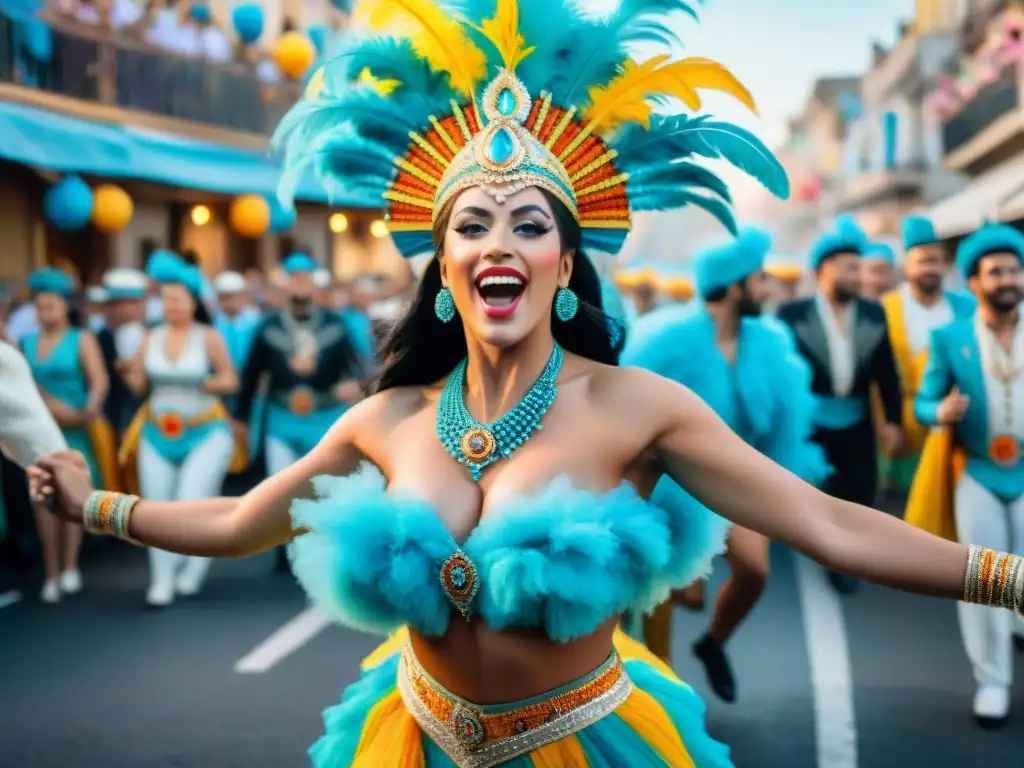 Colorida pintura acuarela de desfile de Carnaval en Uruguay, transmitido en vivo