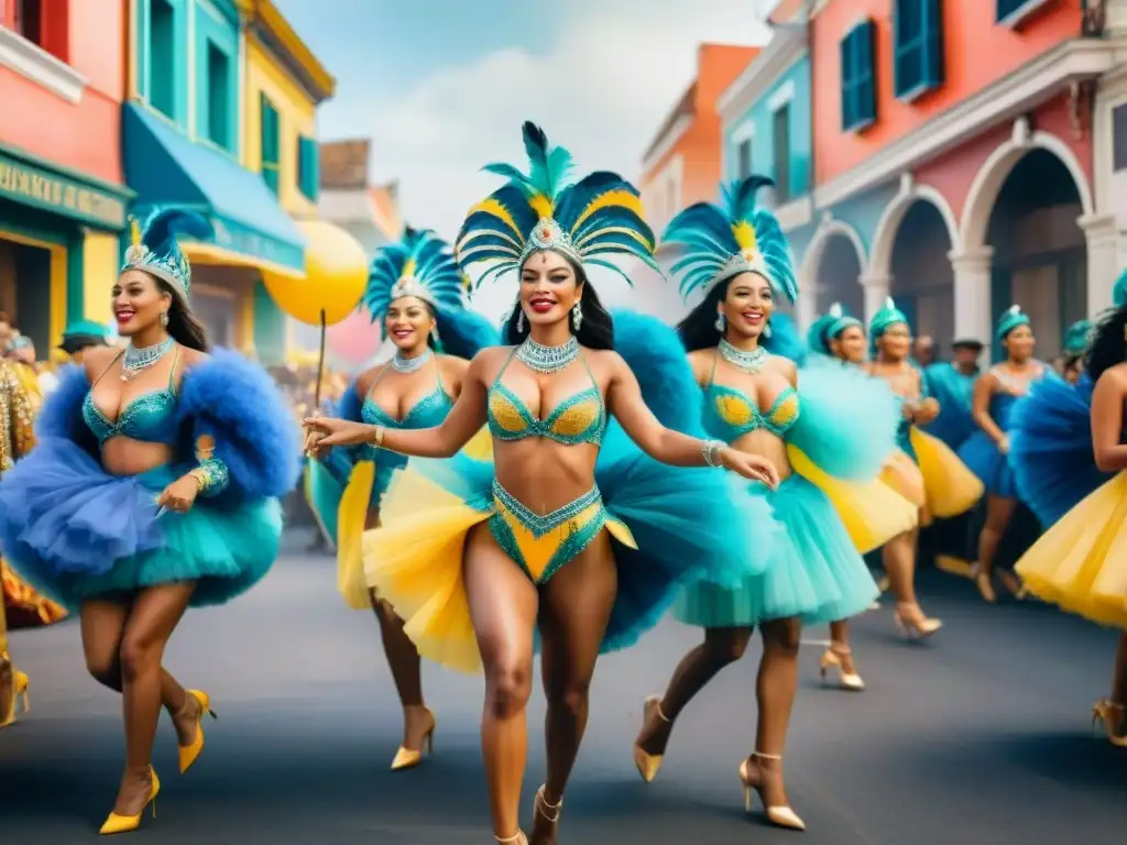 Colorida pintura acuarela de desfile de Carnaval con bailarines y edificios pintorescos