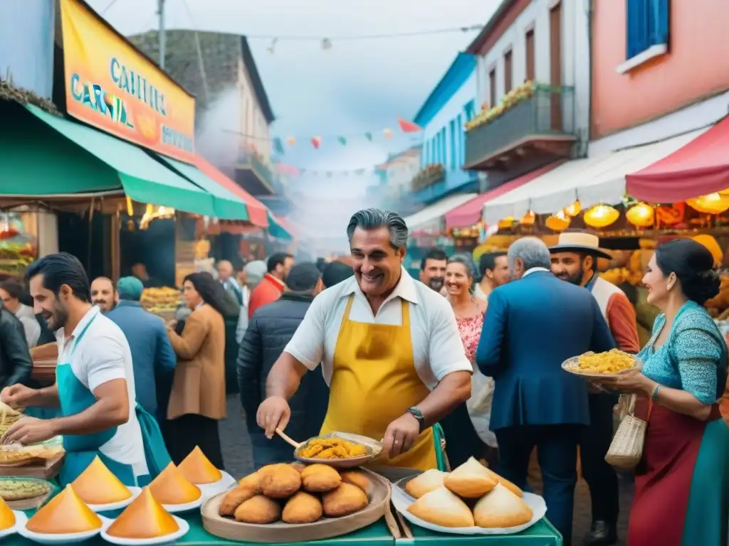 Una colorida pintura acuarela detallada de un bullicioso mercado callejero uruguayo durante el Carnaval