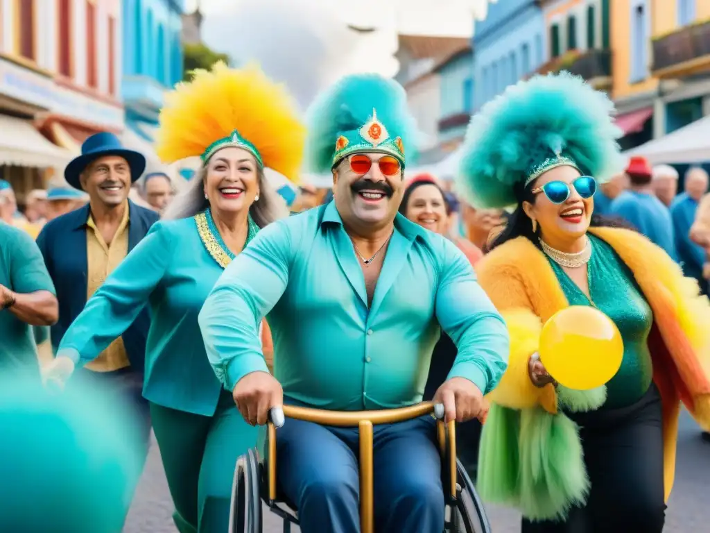 Una colorida pintura acuarela muestra la diversidad y la inclusión en el Carnaval Uruguayo