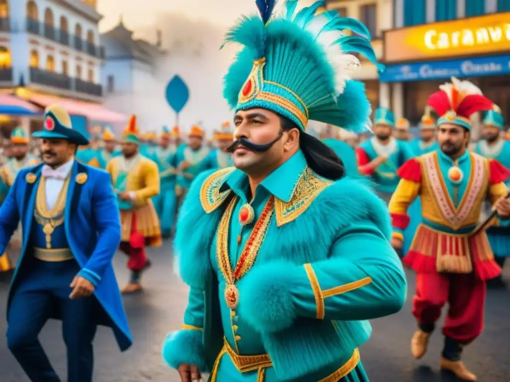 Una colorida pintura acuarela que muestra la historia del Carnaval Uruguayo con danzarines, músicos y espectadores, capturando miradas y emoción