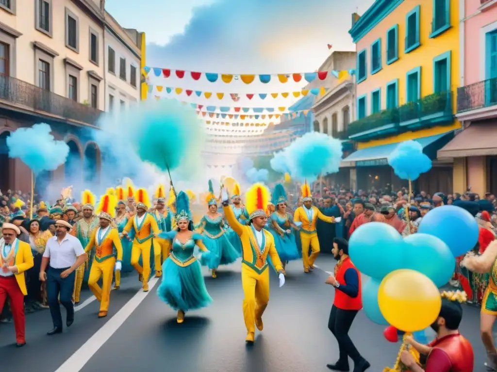 Una colorida pintura acuarela del impacto social del Carnaval Uruguayo, con desfiles, música y alegría en Montevideo