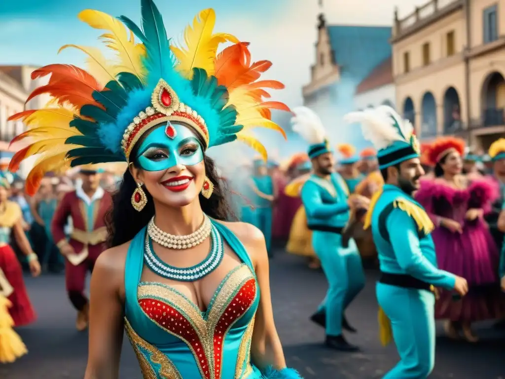 Una colorida pintura acuarela que muestra la importancia de las comparsas en la evolución del Carnaval Uruguayo