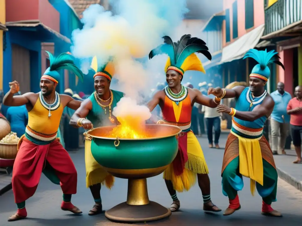 Una colorida pintura acuarela que muestra la influencia africana en la cocina del Carnaval de Uruguay