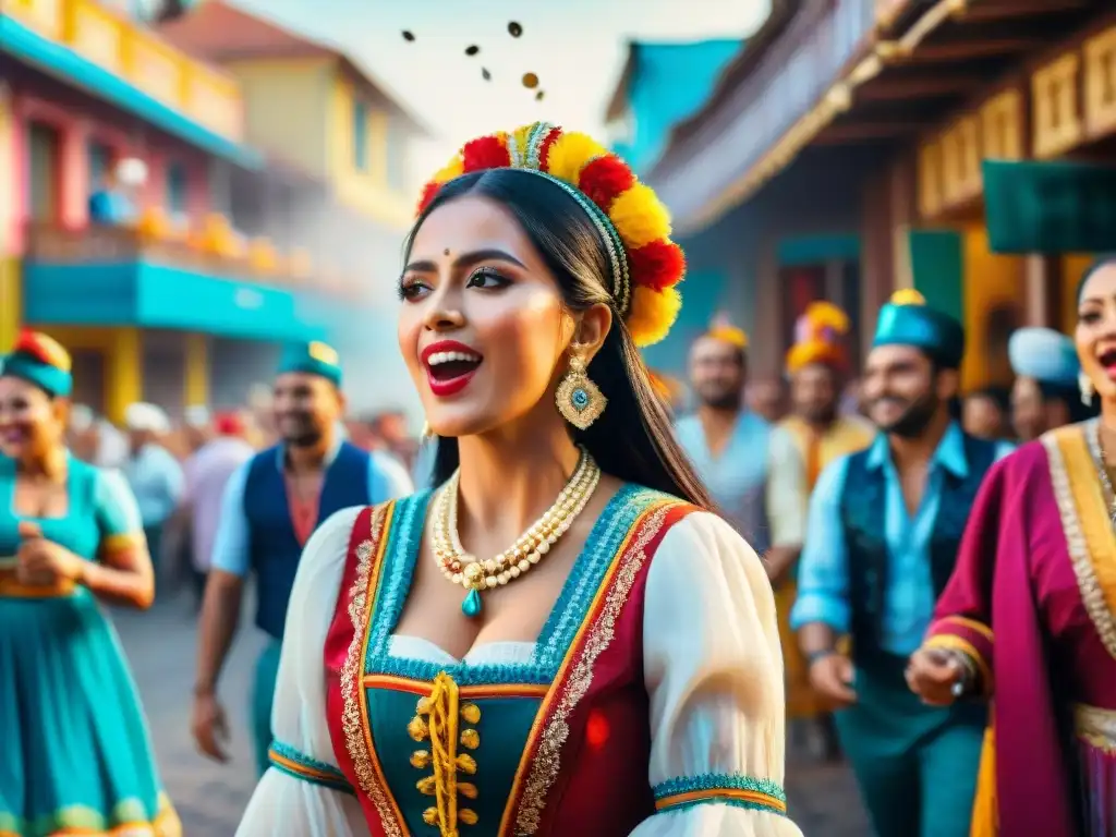 Una colorida pintura acuarela de murgueros cantando en un carnaval, capturando la esencia de las técnicas vocales para murga