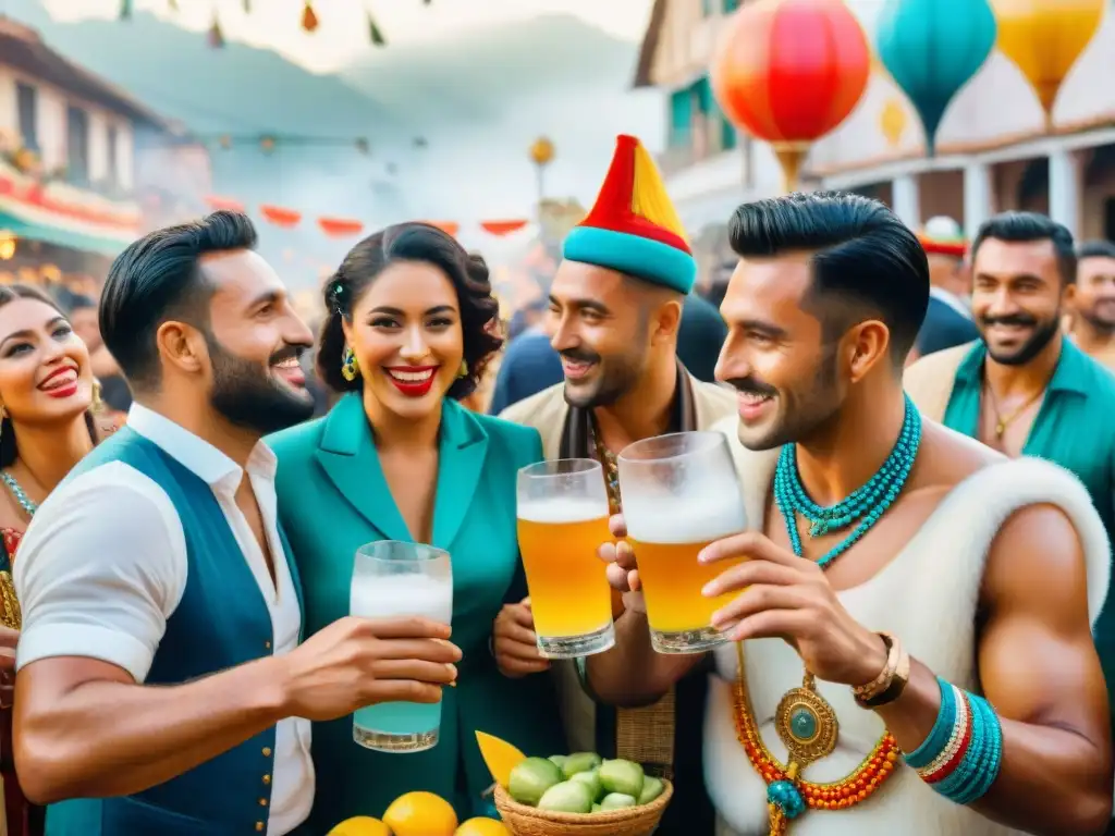 Una colorida pintura acuarela de personas disfrutando mate en Carnaval Uruguayo