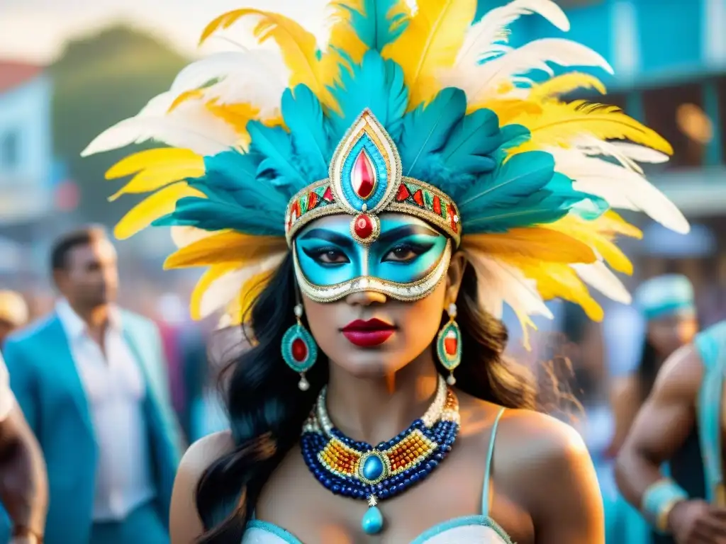 Una colorida pintura acuarela de productos icónicos del Carnaval Uruguayo como bandanas, joyas de cuentas, tocados de plumas y máscaras intrincadas