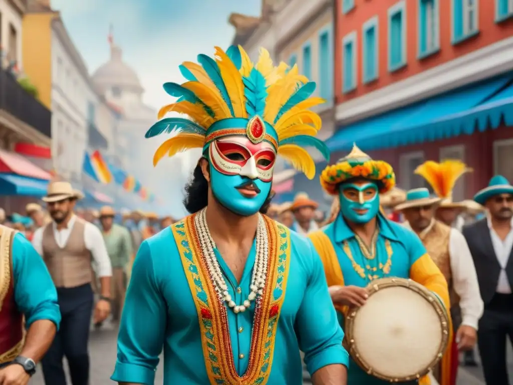 Una colorida pintura acuarela que muestra la conservación de trajes históricos en el Carnaval Uruguayo