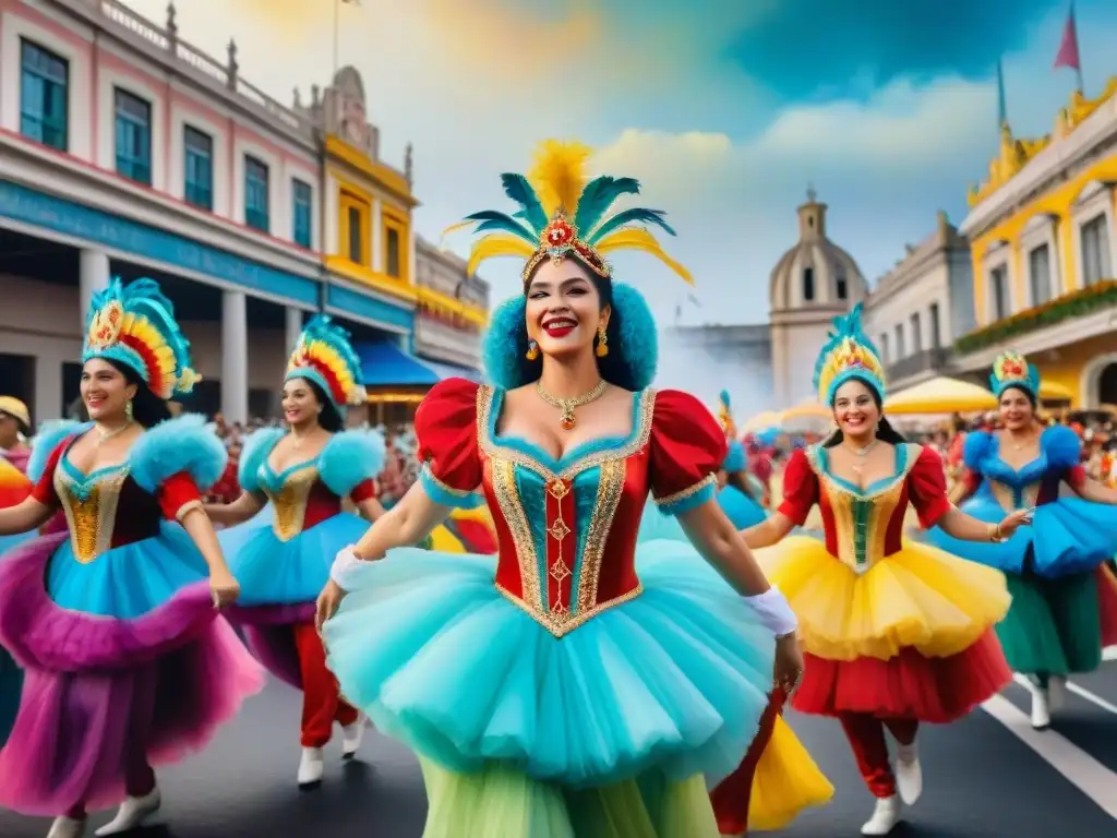 Una colorida pintura acuarela del vibrante Carnaval uruguayo, con bailarines y detalles elaborados