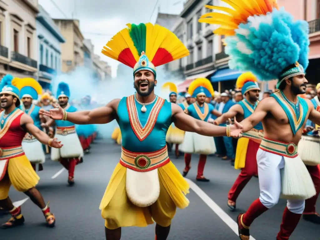 Colorida pintura acuarela de un vibrante desfile en Montevideo durante el Carnaval, con influencia africana en el Candombe